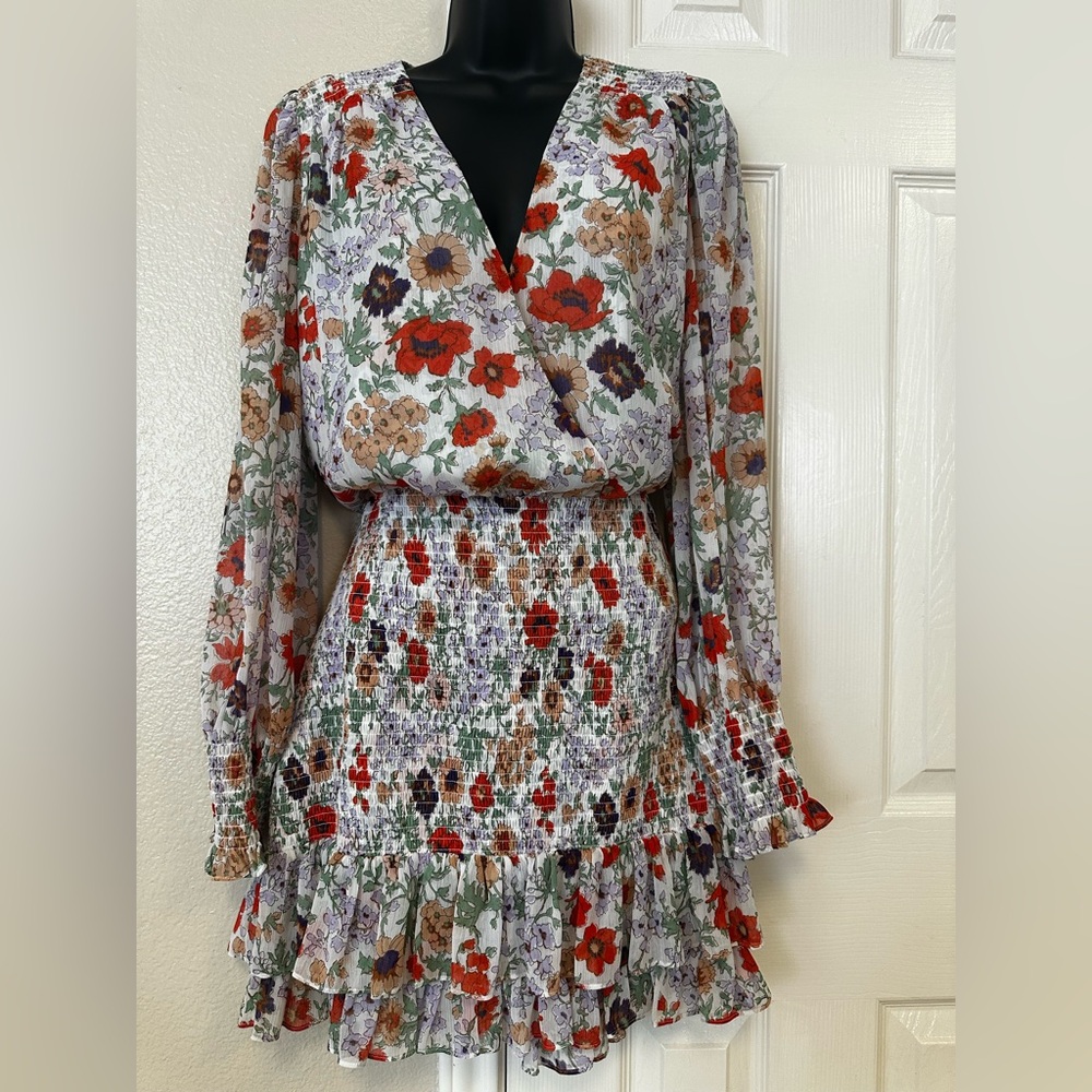 Veronica Beard Saera Floral Long Puff Sleeve V-Neck Minidress Off-White Size 10